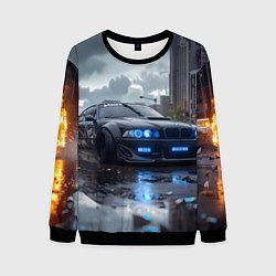 Свитшот мужской BMW синие фары дождливая погода, цвет: 3D-черный