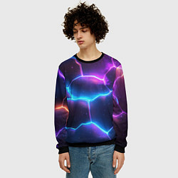 Свитшот мужской Синие и фиолетовые молнии в разломе, цвет: 3D-черный — фото 2