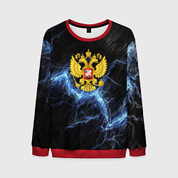 Свитшот мужской Герб РФ на черной текстуре с синими потертостями, цвет: 3D-красный