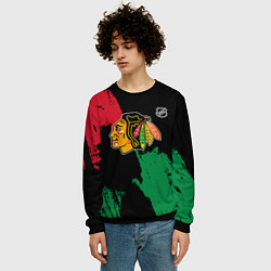 Свитшот мужской Чикаго Блэкхокс - брызги красок, цвет: 3D-черный — фото 2