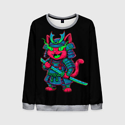 Свитшот мужской Котик самурай с неоновым взглядом, цвет: 3D-меланж