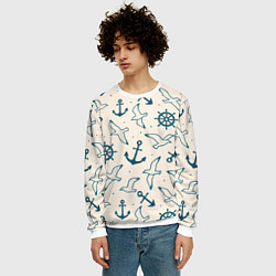 Свитшот мужской Морской паттерн из штурвалов, чаек и якорей, цвет: 3D-белый — фото 2