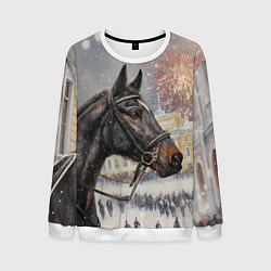 Свитшот мужской Конь на фоне салюта, цвет: 3D-белый