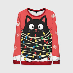 Свитшот мужской Котик в гирлянде, цвет: 3D-красный