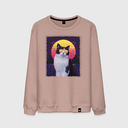 Свитшот хлопковый мужской Synthwave cat, цвет: пыльно-розовый