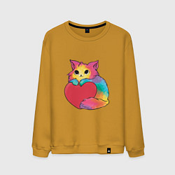 Свитшот хлопковый мужской Влюбленный котик держит сердце, цвет: горчичный