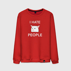Свитшот хлопковый мужской I hate people, текст с белым мемным котом, цвет: красный