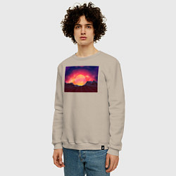Свитшот хлопковый мужской 3D неоновые горы на закате, цвет: миндальный — фото 2