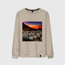 Свитшот хлопковый мужской Горный пейзаж в закате солнца, каменная река, цвет: миндальный