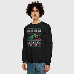 Свитшот хлопковый мужской Новогодний тирекс - ugly sweater, цвет: черный — фото 2