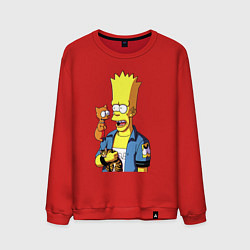 Свитшот хлопковый мужской Барт Симпсон и Снежок - нейросеть, цвет: красный
