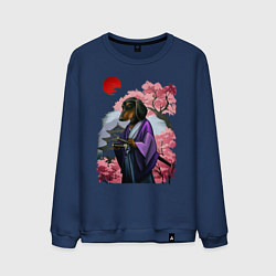 Свитшот хлопковый мужской Такса-Самурай весенняя на фоне сакуры, цвет: тёмно-синий