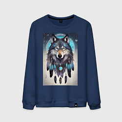 Свитшот хлопковый мужской Шаман волк, цвет: тёмно-синий