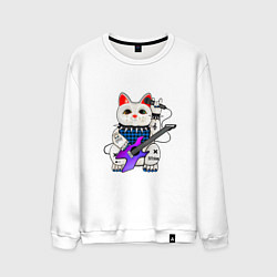 Свитшот хлопковый мужской Рок кот нэко с микрофоном и гитарой, цвет: белый