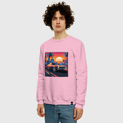Свитшот хлопковый мужской Ретро машина и футуристический город на закате, цвет: светло-розовый — фото 2