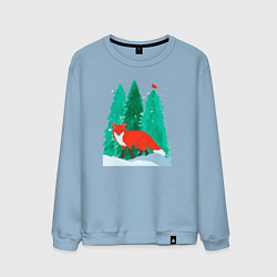 Свитшот хлопковый мужской Лиса в лесу и птичка, цвет: мягкое небо
