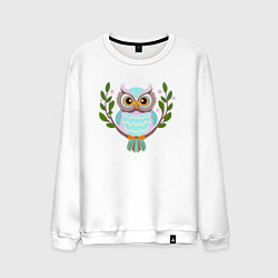 Мужской свитшот Сова яркая птица на ветке с листьями