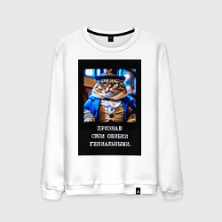 Свитшот хлопковый мужской Толстый кот стимпанк: признаю свои ошибки гениальн, цвет: белый