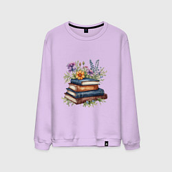 Свитшот хлопковый мужской Стопка книг с полевыми цветами, цвет: лаванда