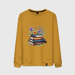 Свитшот хлопковый мужской Стопка книг с полевыми цветами, цвет: горчичный