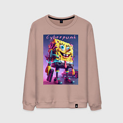 Свитшот хлопковый мужской Sponge Bob with a pistol - cyberpunk ai art, цвет: пыльно-розовый