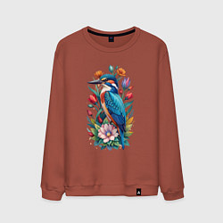 Свитшот хлопковый мужской Птица зимородок среди цветов, цвет: кирпичный