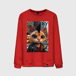 Свитшот хлопковый мужской Глазастый котёнок панк из Нью-Йорка - нейросеть, цвет: красный