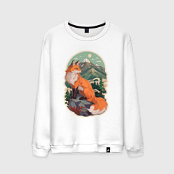 Свитшот хлопковый мужской Лиса и горы, цвет: белый