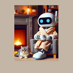 Свитшот хлопковый мужской Робот у камина с котом и чашкой кофе - нейроарт, цвет: миндальный — фото 2