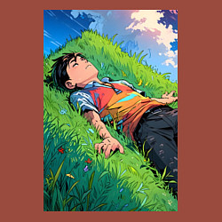 Свитшот хлопковый мужской Аниме мальчик на траве, цвет: кирпичный — фото 2