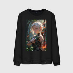 Свитшот хлопковый мужской Девушка-эльф с магическим луком, цвет: черный