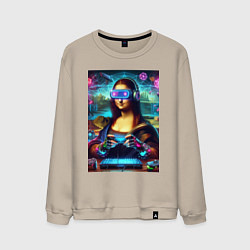 Свитшот хлопковый мужской Mona Lisa is an avid gamer - cyberpunk, цвет: миндальный