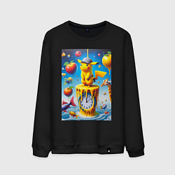 Свитшот хлопковый мужской Funny Pikachu and fishes - surrealism, цвет: черный