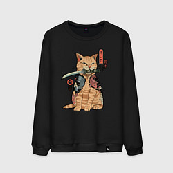 Свитшот хлопковый мужской Кот самурай Якудза, цвет: черный