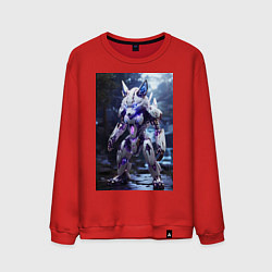Свитшот хлопковый мужской Киборг лиса с неоновой подсветкой, цвет: красный