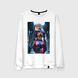Свитшот хлопковый мужской Девушка с оружием в киберпанк стиле, цвет: белый