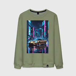 Свитшот хлопковый мужской Суперкар едет среди небоскребов, цвет: авокадо