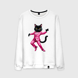 Свитшот хлопковый мужской Черный кот в розовом костюме танцует, цвет: белый