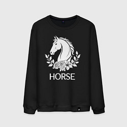 Свитшот хлопковый мужской Лошадь в цветах, цвет: черный
