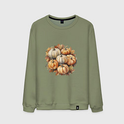 Свитшот хлопковый мужской Тыквы разные на осенних листьях акварель, цвет: авокадо