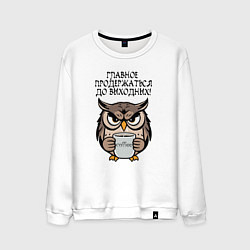 Свитшот хлопковый мужской Сова с кофе - главное продержаться до выходных, цвет: белый