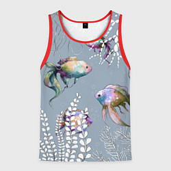 Майка-безрукавка мужская Разноцветные акварельные рыбки и белые водоросли, цвет: 3D-красный