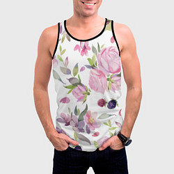 Майка-безрукавка мужская Летний красочный паттерн из цветков розы и ягод еж, цвет: 3D-черный — фото 2