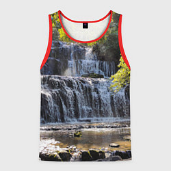 Майка-безрукавка мужская Водопад, солнечные лучи и лес, цвет: 3D-красный