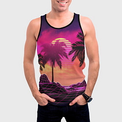 Майка-безрукавка мужская Пальмы и пляж в розовом закате ретро дизайн, цвет: 3D-черный — фото 2
