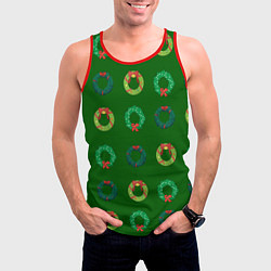 Майка-безрукавка мужская Зеленые рождественские венки омелы, цвет: 3D-красный — фото 2