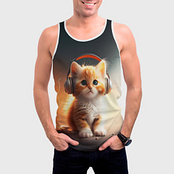 Майка-безрукавка мужская Милый рыжий котёнок в наушниках, цвет: 3D-белый — фото 2