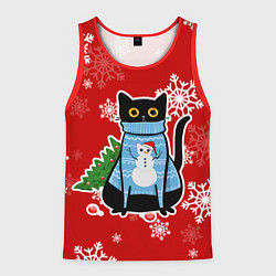 Майка-безрукавка мужская Котик в свитере с ёлочкой, цвет: 3D-красный