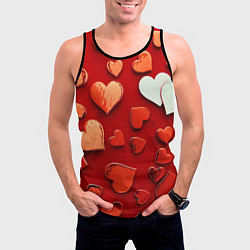 Майка-безрукавка мужская Красные сердца на красном фоне, цвет: 3D-черный — фото 2