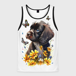 Майка-безрукавка мужская Черный щенок и жёлтые полевые цветы, цвет: 3D-черный
